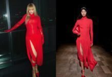Rihanna impressiona em Xangai com vestido vermelho Ferragamo Rihanna escolheu um vestido drapeado de manga comprida com detalhes de saia em laço e sapatos vermelhos com salto curvado Ferragamo (Foto: Dennis Leupold)