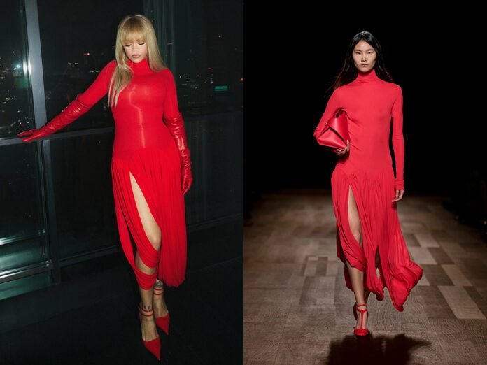 Rihanna escolheu um vestido drapeado de manga comprida com detalhes de saia em laço e sapatos vermelhos com salto curvado Ferragamo (Foto: Dennis Leupold)