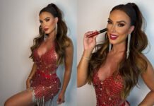 Nicole Bahls usando o vestido criado por Walkir Campos, confeccionado com 3 mil lacres (Fotos: Divulgação)