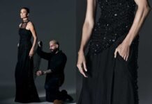 C&A apresenta vestido de gala em jeans no tapete vermelho do Oscar Carol Ribeiro veste jeans C&A em look criado por Gustavo Silvestre (Fotos: Divulgação)