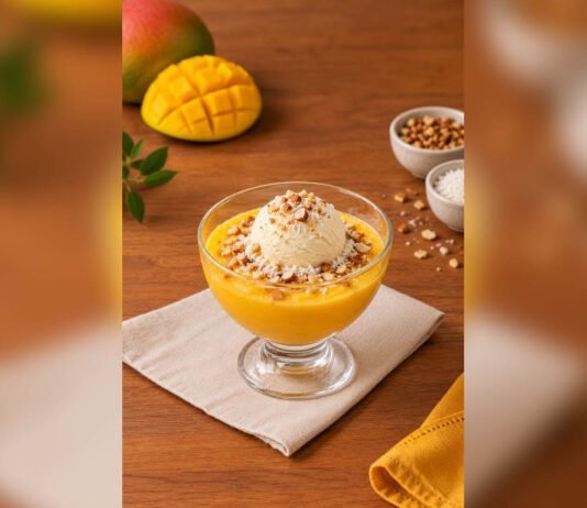 Creme de manga com sorvete: aprenda receita para a primavera Receita de creme de manga recebe uma bola de sorvete de creme na montagem (Foto: Divino Fogão)